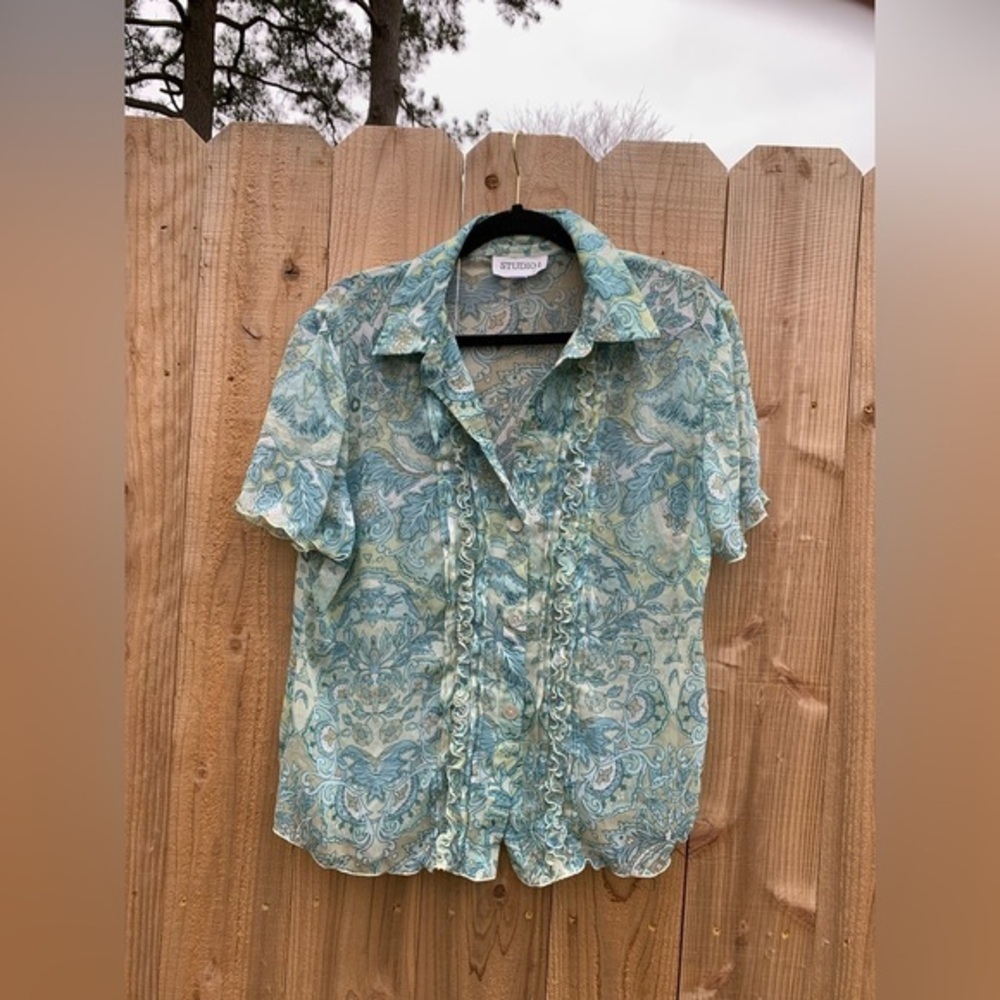 Vintage Studio 1 Womens Sz 14 Short Sleeve Semi Sheer Button Down Green Blue